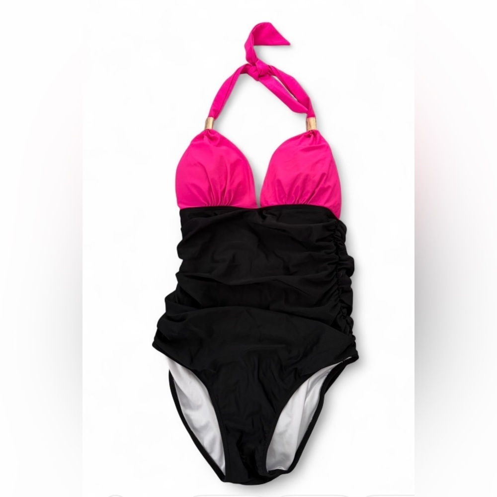 RXRXCOCO Black & Hot Pink Halter One Piece Swimsuit Ruched Tummy Control